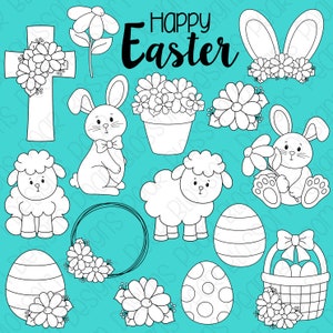Floral Easter Digital Stamps, Digistamps, Clipart - Instant Download - 7091