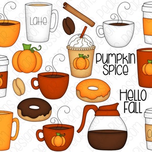 Pumpkin Spice Coffee Hand Drawn Digital Clipart Set of 20 Coffee, Autumn, Fall, Donuts, Coffee Beans Instant Download Item 9165 image 2