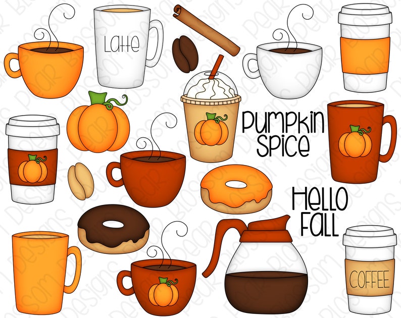 Pumpkin Spice Coffee Hand Drawn Digital Clipart Set of 20 Coffee, Autumn, Fall, Donuts, Coffee Beans Instant Download Item 9165 image 2