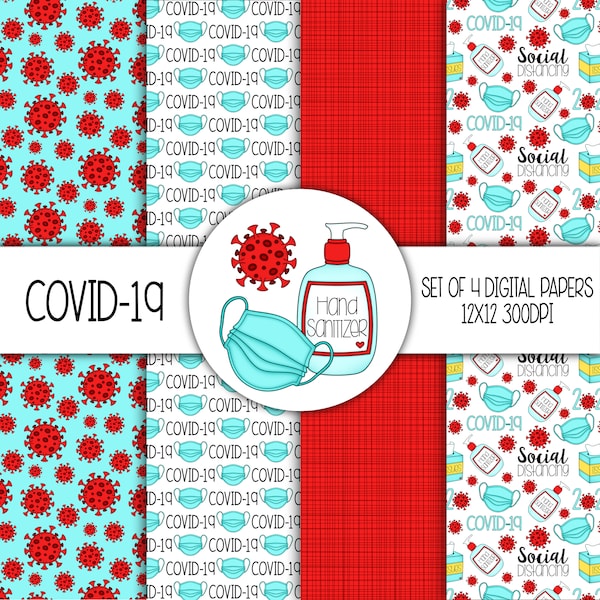 COVID-19 Handgetekend Digitaal Papier Mini Pack - Set van 4 - Coronavirus, Pandemie, Masker, Handdesinfecterend middel - Instant Download - 8304