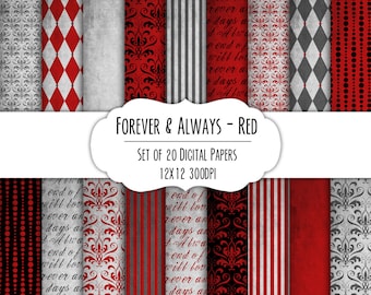 Forever & Always - Red - Digital Scrapbook Paper 12x12 Pack - Set of 18 - Instant Download - Item# 8277