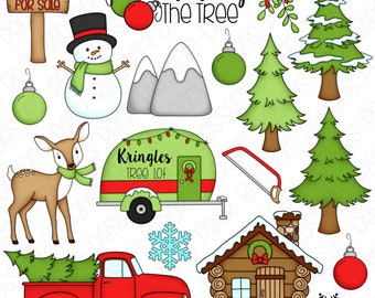 Christmas Tree Lot Hand Drawn Digital Clipart - Set of 18 - Christmas Tree, Truck, Deer, Snowman, Cabin - Instant Download - Item #9201