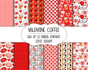 Valentine Coffee Hand Drawn Digital Paper - Set of 12 - Coffee Mugs, Latte, Hearts, Cupcake, Donuts - Instant Download - Item #8296