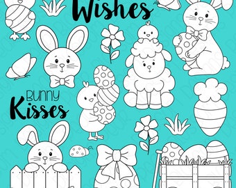 Easter Wishes - Hand Drawn -  Digital Stamps, Digistamps, Clipart - Instant Download - 7149