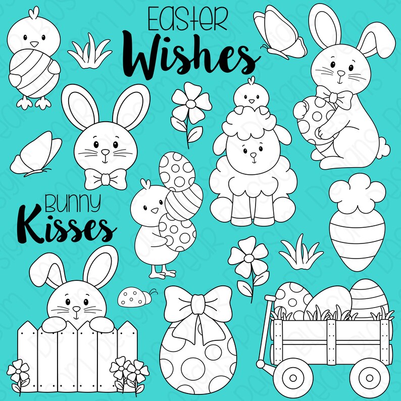 Easter Wishes Hand Drawn Digital Stamps, Digistamps, Clipart Instant Download 7149 image 1