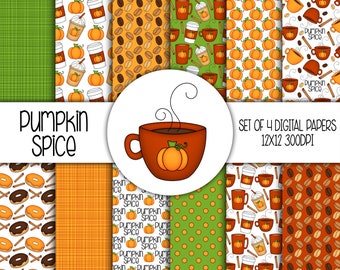 Pumpkin Spice Hand Drawn Digital Paper - Set of 12 - Coffee Mugs, Latte, Pumpkins, Donuts - Instant Download - Item #8284