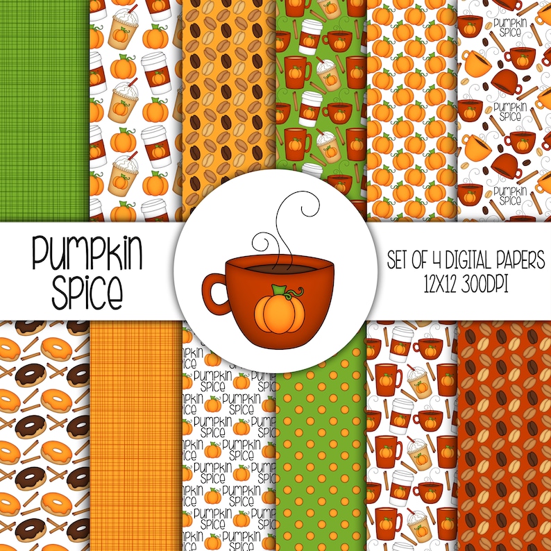 Pumpkin Spice Hand Drawn Digital Paper Set of 12 Coffee Mugs, Latte, Pumpkins, Donuts Instant Download Item 8284 image 1