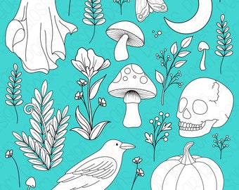 Cottagecore Halloween -  Digital Stamps, Digistamps, Clipart - Instant Download - 9152