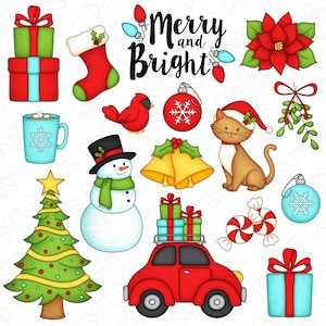 Merry and Bright Christmas Clipart Set - Hand Drawn Digital Clipart - Christmas Cat Snowman Christmas Tree Hot Cocoa - Item# 9218
