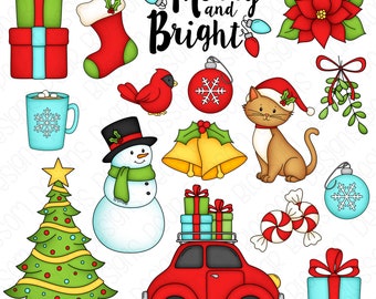 Merry and Bright Christmas Clipart Set - Hand Drawn Digital Clipart - Christmas Cat Snowman Christmas Tree Hot Cocoa - Item# 9218