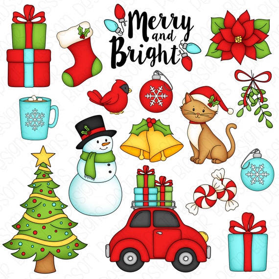Merry and Bright Christmas Clipart Set - Hand Drawn Digital Clipart - Christmas Cat Snowman Christmas Tree Hot Cocoa - Item# 9218