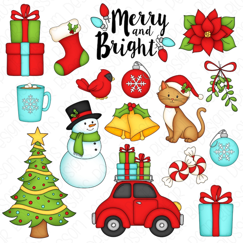 Op de afbeelding: Een verzameling kerstthema-illustraties, waaronder een rode auto met cadeaus op het dak, een sneeuwpop, een kat met een kerstmanmuts, een kerstboom, een kous, een kerstster, een rode kardinaal, een mok warme chocolademelk, een cadeau, een pepermuntstok en een bel. De tekst "Merry and Bright" is geschreven in een feestelijk lettertype.