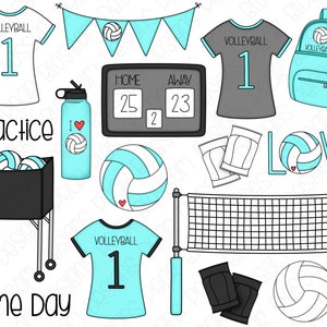 Volleyball Hand Drawn Digital Clipart Set of 16 Volleyball, Backpack, Jersey, Kneepads Instant Download Item 9197 image 2
