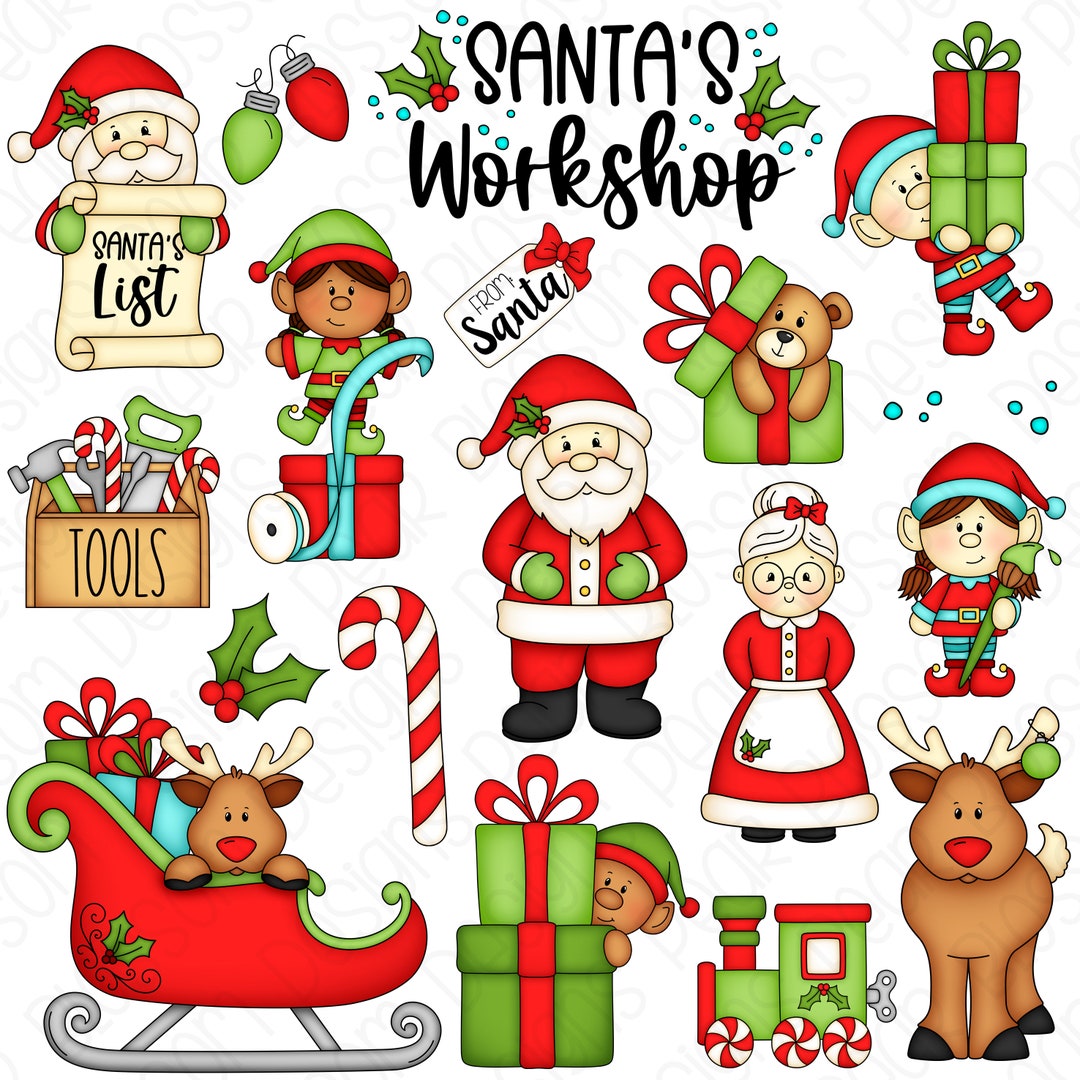Santa's Workshop Christmas Clipart Set Hand Drawn Digital Clipart Item