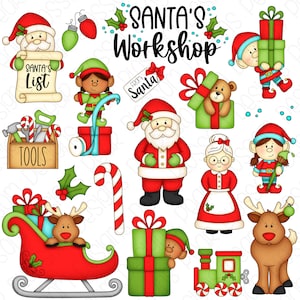 Puede incluir: Una colección de ilustraciones con temática navideña que incluyen a Papá Noel, duendes, renos, regalos, un bastón de caramelo, una caja de herramientas, un tren y un trineo. Las ilustraciones son de estilo de dibujos animados y son perfectas para manualidades y decoraciones navideñas.