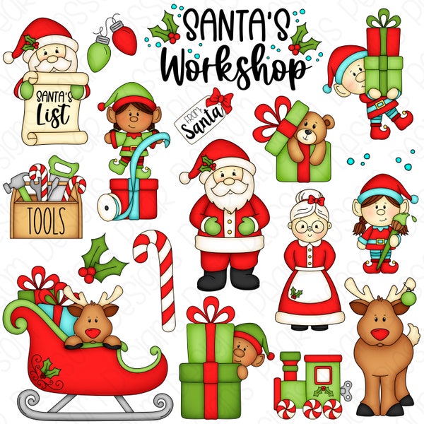 Santa's Workshop Christmas Clipart Set - Hand Drawn Digital Clipart - Item# 9290