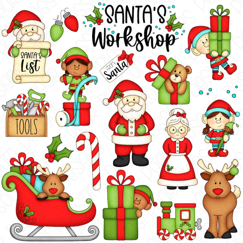May include: A collection of Christmas-themed illustrations featuring Santa Claus, elves, reindeer, presents, a candy cane, a toolbox, a train, and a sleigh. The illustrations are in a cartoon style and are perfect for holiday crafts and decorations.