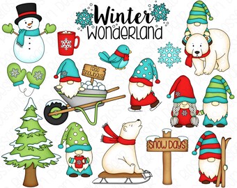 Winter Gnomes Clipart Set - Hand Drawn Digital Clipart - Polar Bear, Snow Gnomes, Snowman - Item# 9221