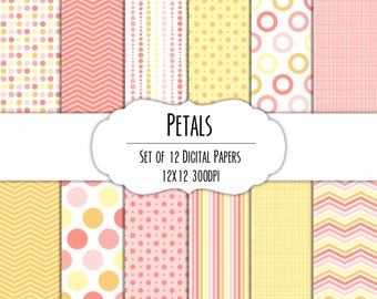 Petals Digital Scrapbook Paper 12x12 Pack - Set of 12 - Polka Dots, Chevron, Stripes - Instant Download - Item# 8241