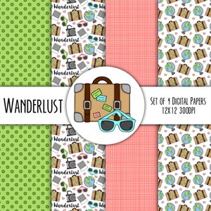 May include: Set of four digital paper patterns featuring travel-themed illustrations. The patterns include a green polka dot pattern, a pink gingham pattern, a white pattern with brown suitcases, globes, and sunglasses, and a white pattern with the text "Wanderlust" repeated.