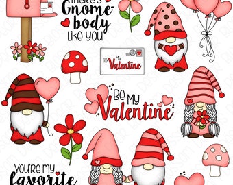 Gnome Valentine Hand Drawn Digital Clipart - Set of 15 - Valentine's Day, Gnomie, Balloons, Valentine Mailbox - Instant Download - Item#9202