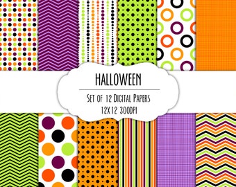 Halloween Digital Scrapbook Paper 12x12 Pack - Set of 12 - Polka Dots, Chevron, Stripes - Instant Download - Item# 8272