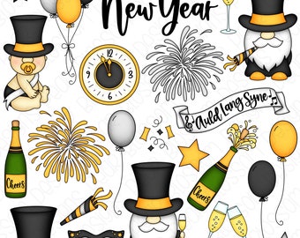 New Year's Hand Drawn Digital Clipart - Set of 23 - New Year's Baby, Father Time, Gnomes, Champagne - Instant Download - Item #9268