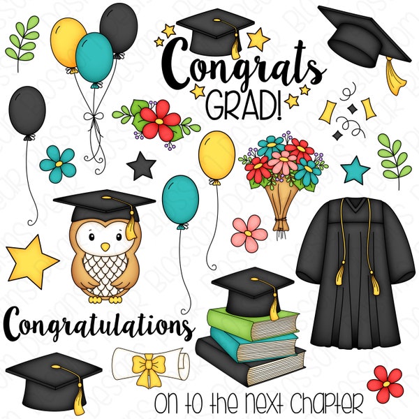 Graduation Clipart Set - Hand Drawn Digital Clipart - Graduation Gown, Graduation Cap, Graduation Owl - Item# 9256