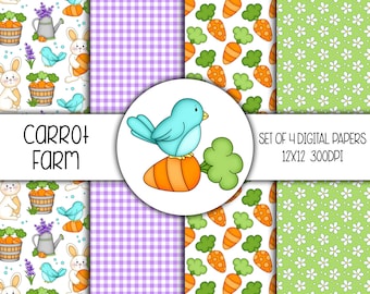 Carrot Farm Hand Drawn Digital Paper Mini Pack - Set of 4 - Easter Bunny, Carrots, Birds, Spring - Instant Download - 8323