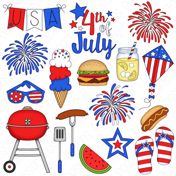 4th of July Barbecue Digital Clipart - Set of 18 - BBQ, Fireworks, Hot Dog, Lemonade, Flip Flops - Instant Download - Item#9209