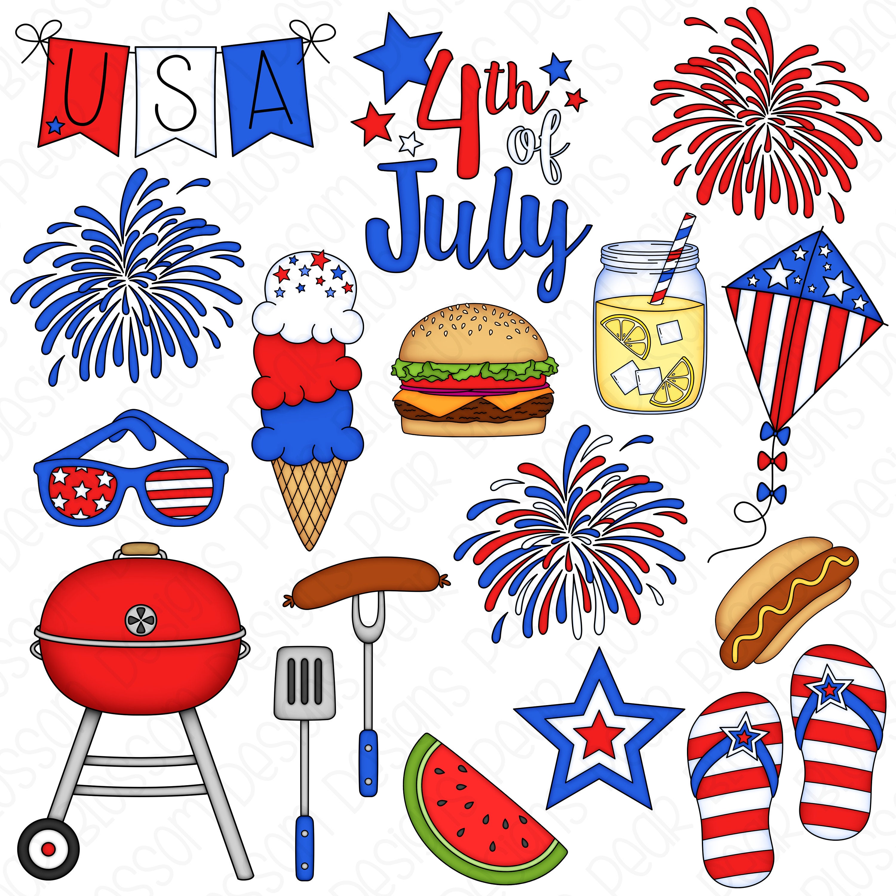 4th of July Barbecue Digital Clipart Set of 18 BBQ, Fireworks, Hot Dog,  Lemonade, Flip Flops Instant Download Item9209 - Etsy