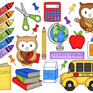 School Days Digital Clipart - Set of 25 - Crayons, School Bus, Books, Owl, Globe, Pencil, Apple - Instant Download - Item#9187