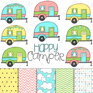 Happy Camper Hand Drawn Digital Clipart & Paper - Set of 14 - Campers, Title, Digital Paper - Instant Download - Item #9159