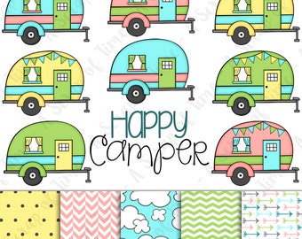 Happy Camper Hand Drawn Digital Clipart & Paper - Set of 14 - Campers, Title, Digital Paper - Instant Download - Item #9159