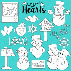 May include: Black and white line art illustrations of winter-themed Valentine's Day elements.  The illustrations include snowmen, hearts, snowflakes, a birdhouse, a bird, a mailbox, a cup of hot chocolate, and the words "Warm Hearts" and "Love".