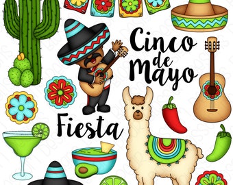 Cinco de Mayo Hand Drawn Digital Clipart #9192 - Set of 17 - Mariachi, Llama, Cactus, Margarita, Sombrero, Guitar, Fiesta - Instant Download