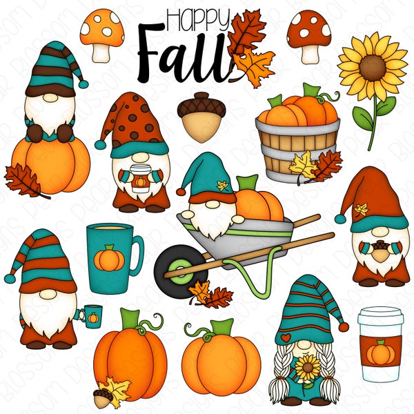 Fall Gnomes Hand Drawn Digital Clipart - Set of 16 - Gnomes Pumpkin Sunflower Pumpkin Spice Coffee - Instant Download - Item #9214