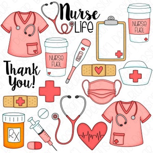 May include: A set of colourful digital illustrations featuring a nurse's uniform, stethoscope, coffee cup, thermometer, bandages, a face mask, a heart with a heartbeat line, a pill bottle, a syringe, and a clipboard. The text "Nurse Life" and "Thank You!" are also included.