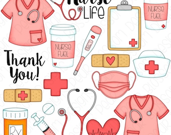 Pink Nurse Life Hand Drawn Digital Clipart - Set of 19 - Scrubs, Mask, Thermometer, Nurse Fuel, Coffee - Instant Download - Item#9302