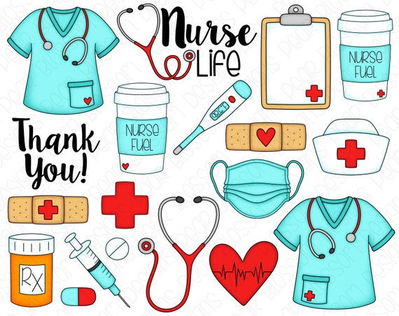 Nurse Life Hand Drawn Digital Clipart Set of 19 Scrubs, Mask, Thermometer,  Nurse Fuel, Coffee Instant Download Item9207 