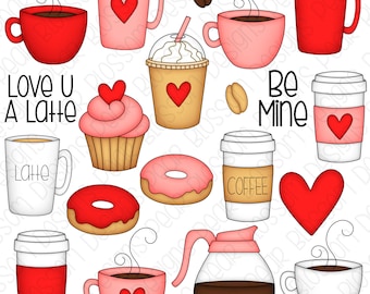 Valentine Coffee Hand Drawn Digital Clipart - Set of 20 - Latte, Valentine's Day, Cupcake, Heart - Instant Download - Item #9177