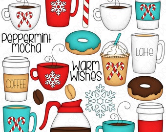 Puede incluir: Un conjunto de imágenes de clipart digitales con varios diseños de café y donuts de temática invernal. Las imágenes incluyen una taza roja con un copo de nieve, una taza blanca con un bastón de caramelo, una taza azul con un bastón de caramelo, una cafetera marrón, una dona azul con un centro blanco, una dona marrón con un centro blanco, una taza de café blanca con un bastón de caramelo, una taza de café marrón con un bastón de caramelo, una taza de café blanca con un copo de nieve, una taza de café marrón con un copo de nieve, una taza de café blanca con la palabra "Latte", una taza de café marrón con la palabra "Coffee", una taza de café marrón con las palabras "Peppermint Mocha", una taza de café marrón con crema batida y un bastón de caramelo, y un copo de nieve blanco.