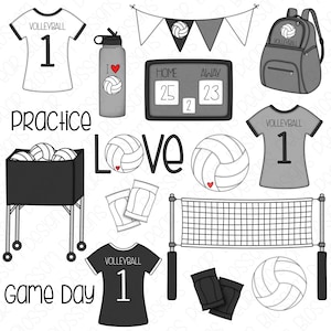 Volleybal Hand getekende digitale Clipart - Set van 16 - volleybal, rugzak, Jersey, kniebeschermers - Instant Download - Item #9198