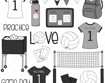 Volleyball Hand Drawn Digital Clipart - Set of 16 - Volleyball, Backpack, Jersey, Kneepads - Instant Download - Item #9198