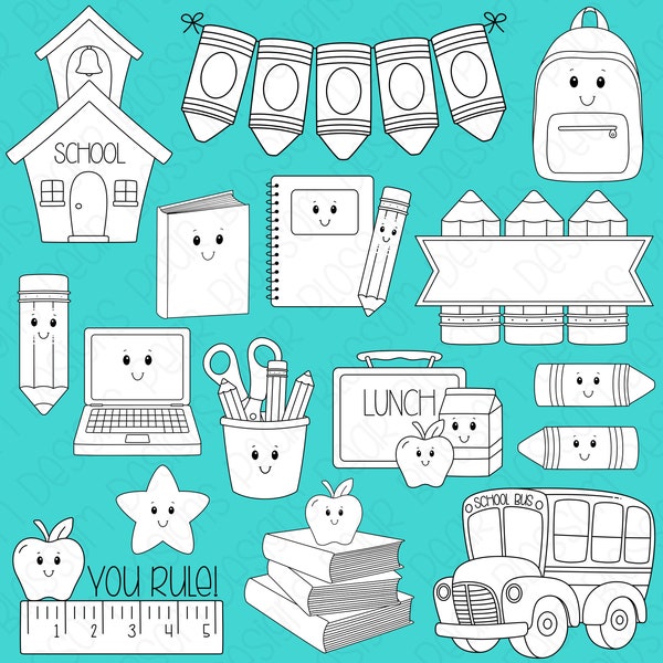 School Faces Digital Stamps, Digistamps, Clipart - Instant Download - 7103