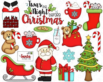 Twas the Night Before Christmas Hand Drawn Digital Clipart - Set of 16 - Santa, Christmas Tree, Mouse, Cocoa - Instant Download - Item #9200