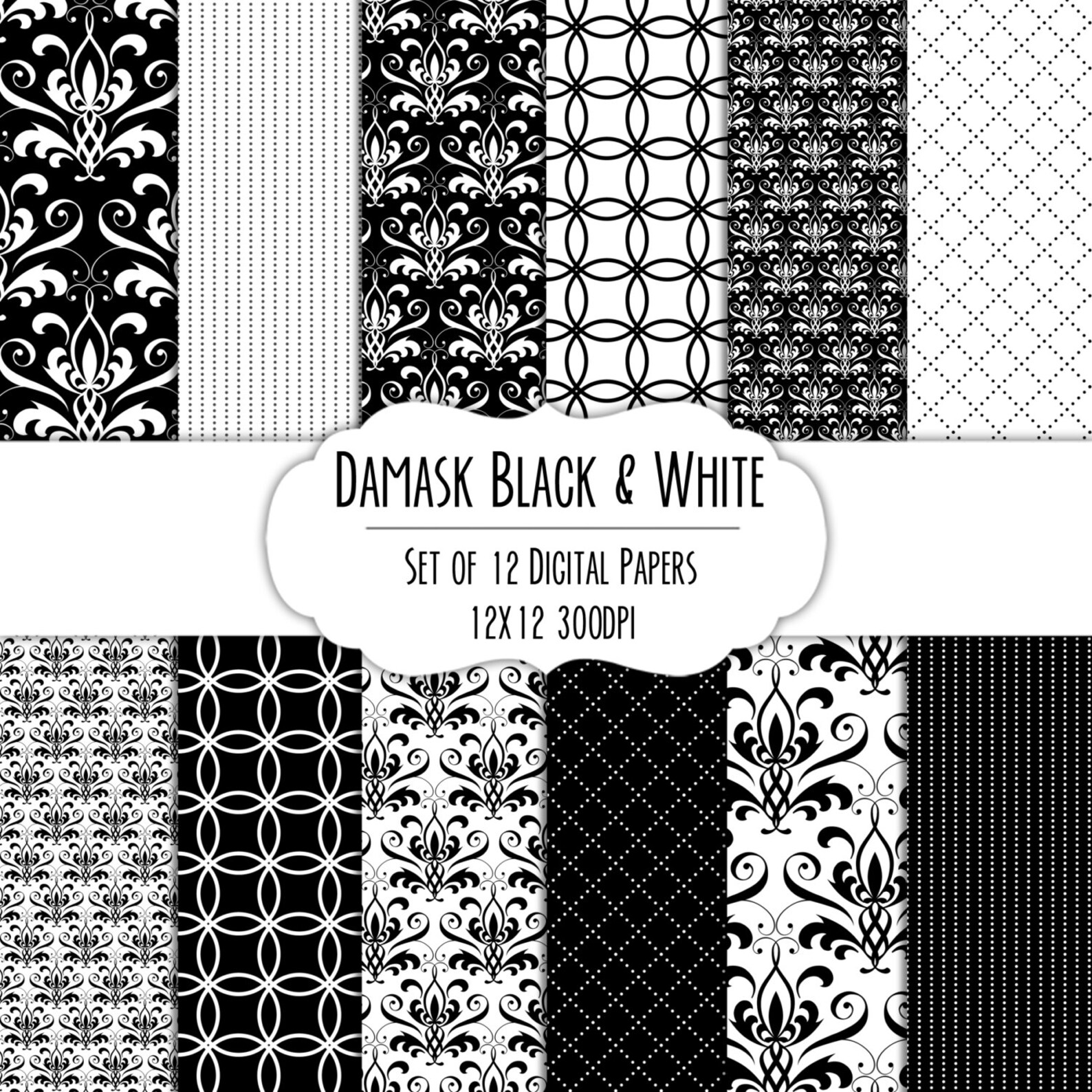 Damask Black & White Digital Scrapbook Paper 12x12 Set of 12 Etsy