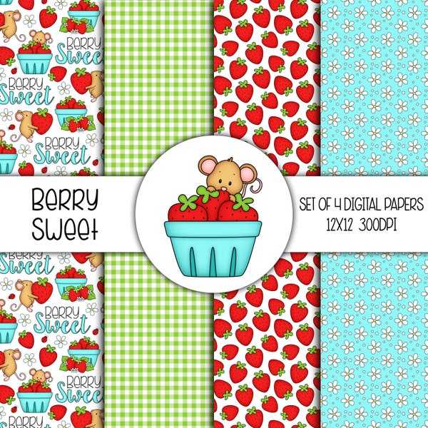 Berry Sweet Hand Drawn Digital Paper Mini Pack - Set of 4 - Strawberries, Mice, Cute Mouse, Blossoms - Instant Download - 8320