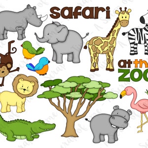 Zoo Safari Hand Drawn Digital Clipart - Set of 15 - Elephant Zebra Giraffe Monkey Lion Hippo Rhino Flamingo - Instant Download - Item #9166