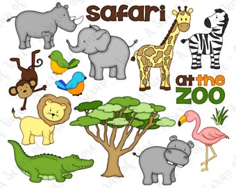 Zoo Safari Hand Drawn Digital Clipart - Set of 15 - Elephant Zebra Giraffe Monkey Lion Hippo Rhino Flamingo - Instant Download - Item #9166